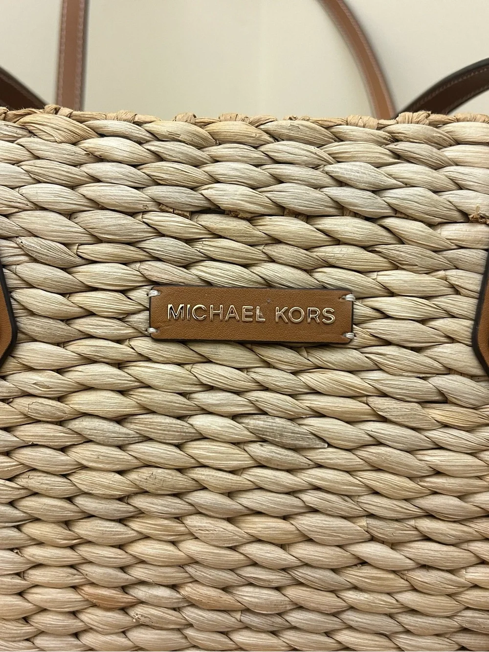 Michael Kors Natural Woven Tote with Brown Leather Trim & Gold Hardware - Picture 6 of 16
